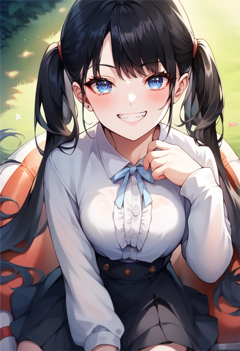 score_9, score_8_up, score_7_up, source_anime, 1girl,blue eyes,twintails, black hair, white blouse, black skirt, grin,looking at viewer, by doco <lora:Doco-Style-PonyXL-000026:1>
