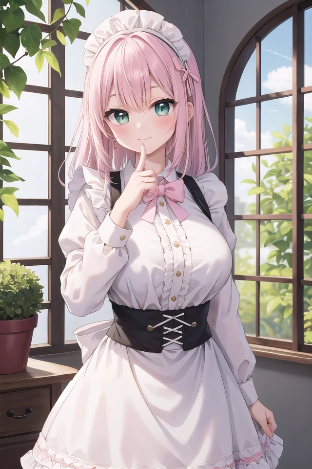 insanely detailed, absurdres, ultra-highres, ultra-detailed, best quality,
1girl, solo, nice hands, perfect hands,
BREAK
apron, blush, bow, bowtie, frilled apron, frills, long sleeves, maid, maid apron, maid headdress, waist apron, white apron
BREAK
smile, closed mouth
BREAK
finger to mouth, index finger raised, shushing, cowboy shot, looking at viewer,
BREAK
slender, kawaii, perfect symmetrical face, ultra cute girl, ultra cute face, ultra detailed eyes, ultra detailed hair, ultra cute, ultra beautiful,
BREAK
day, flower, ivy, leaf, indoors, open door, plant, potted plant, vines, window,
BREAK
white (pink:1.2) hair, green eyes, long hair, medium breasts, bangs, eyebrows visible through hair,