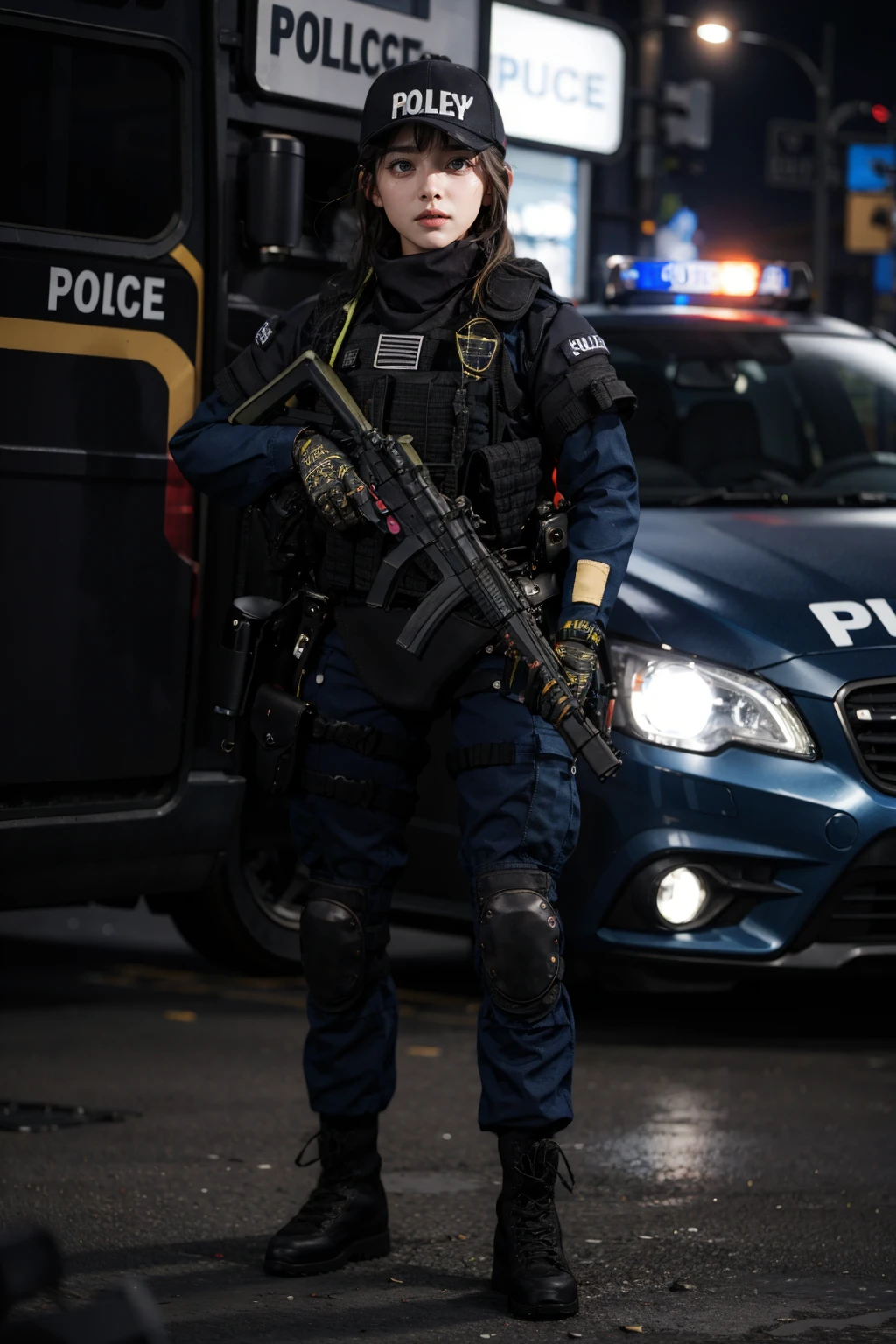 solo,outdoors,cityscape,<lora:0299 New York City Police Department_v1:0.9>,ruanyi0299,baseball cap,belt,boots,bulletproof vest,police uniform,holding weapon,(full body:1.2),h&k mp5,submachine gun,standing,1girl,, (incredibly absurdres, ultra-detailed,CG ,unity ,8k wallpaper),(masterpiece),(realistic),(photorealistic:1.2),(raw photo:1.2), (best quality:1.2), (detailed face :1.4),(beautiful detailed eyes :1.2),(detailed hair),light on face, huge filesize ,cinematic lighting, 1 girl ,sexy,