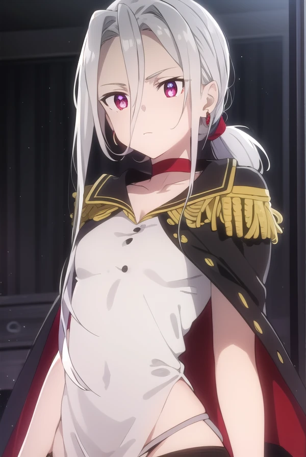 izettasophie, <lora:izetta sophie s1-lora-nochekaiser:1>,
sophie, long hair, bangs, (red eyes:1.3), hair between eyes, ponytail, grey hair, low ponytail, (parted bangs:1.5),
BREAK jewelry, earrings, choker, cape, uniform, military, military uniform, buttons, epaulettes, red choker,
BREAK indoors,
BREAK looking at viewer, dynamic pose,
BREAK <lyco:GoodHands-beta2:1>, (masterpiece:1.2), best quality, high resolution, unity 8k wallpaper, (illustration:0.8), (beautiful detailed eyes:1.6), extremely detailed face, perfect lighting, extremely detailed CG, (perfect hands, perfect anatomy),