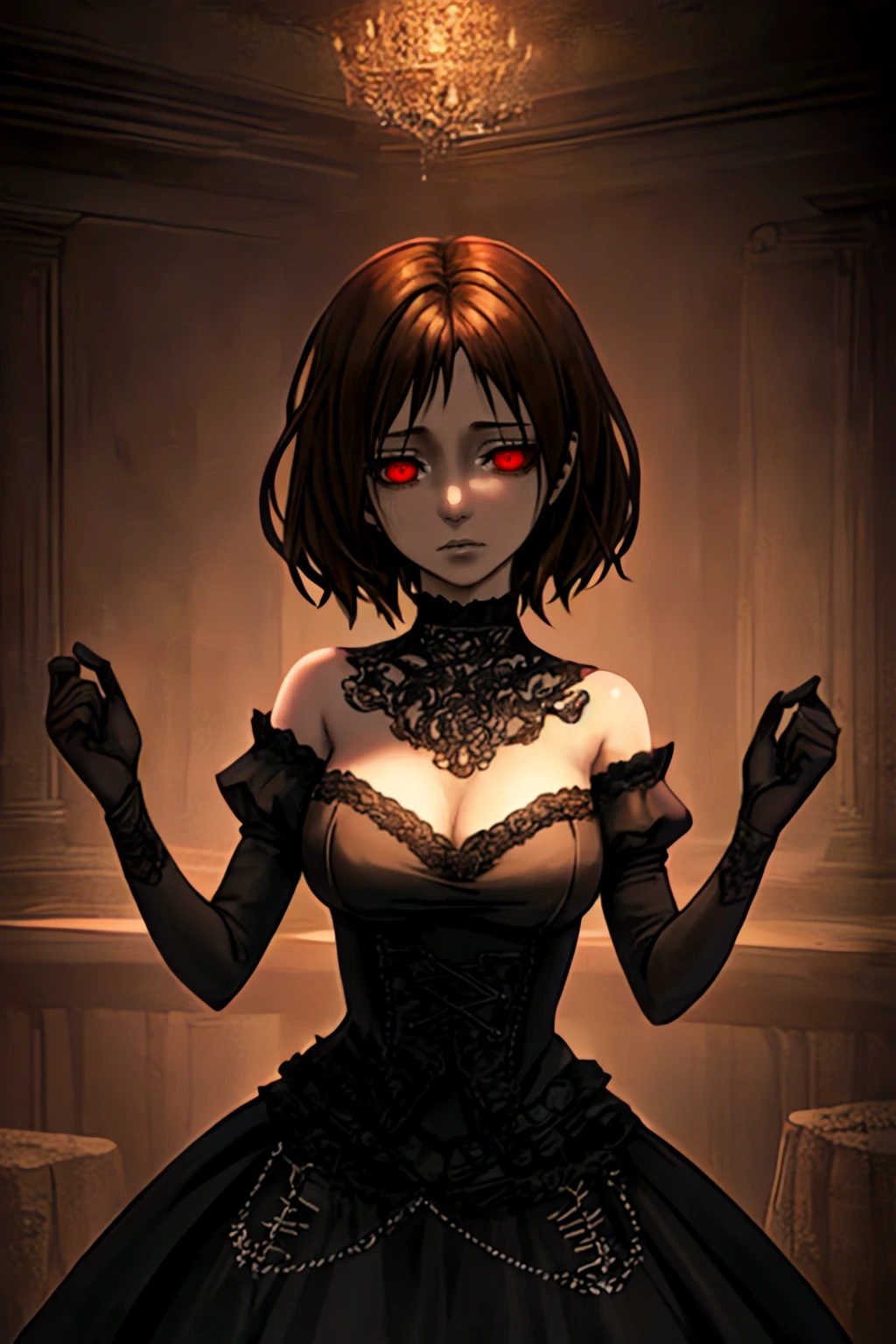 solo, 1girl,  <lora:darpart:0.8>, darpstel, (elaborate atmosphere:1.25), detailed, intricate, dynamic, emotional, brown hair, red eyes, short hair, black dress,