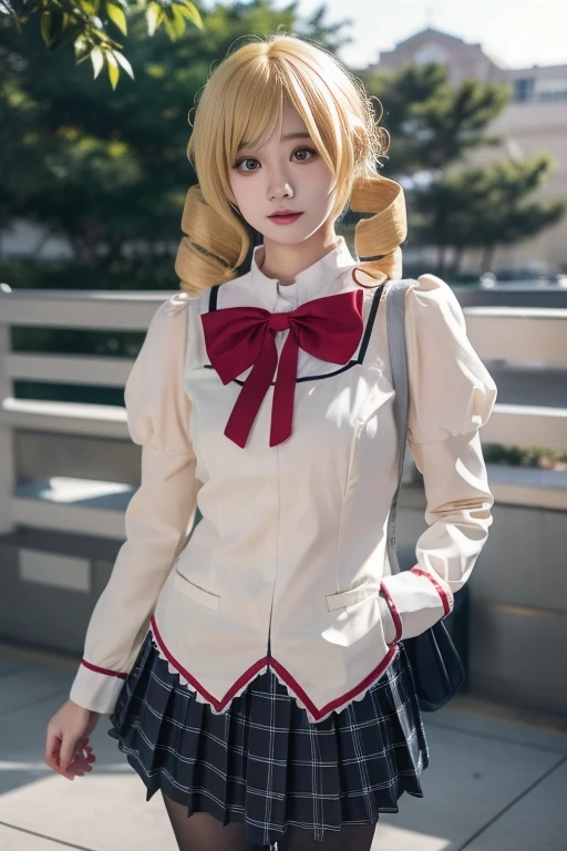 ltra-detailed,highly detailed,best quality,masterpiece,illustration,realistic,photorealistic,
1girl, solo,cosplay,
tomoe mami, mitakihara school uniform,
blonde hair, twin drills,
looking at viewer, cowboy shot,
outdoors,
<lora:tomoe mami_v2_07:0.8>