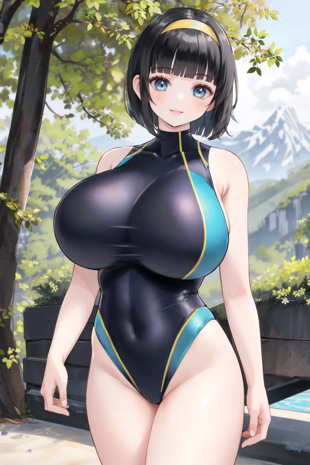 (masterpiece, official art), 1girl, solo, thick, curvy, curvaceous, black hair, grey eyes, short bob, hair clip, kirigaya suguha, (dark blue competitive swimsuit), (full closed swimsuit),(one piece swimsuit), (closeup), portrait, (huge breasts), standing, view from front, countryside, sunlight, looking at viewer, (upper body), smile, seductive, alluring attire, open shoulders