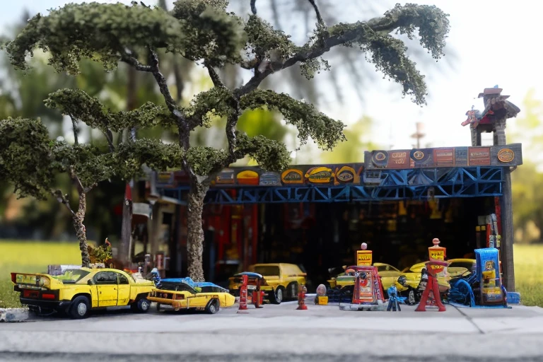 Toy repair shop,car,repair shop,tree,<lora:xiaorenï¼ä¿®çåææ-èªç»ï¼:1>,a base person,, masterpiece, best quality,