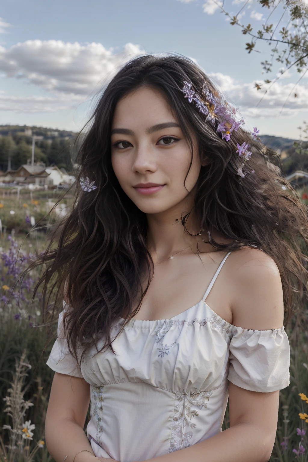 realistic, realism, photo, hirez, masterpiece, <lora:opt-adelinerudolph:0.8> opt-ad3l1n3rud01ph in a field of wild flowers enjoying the sun