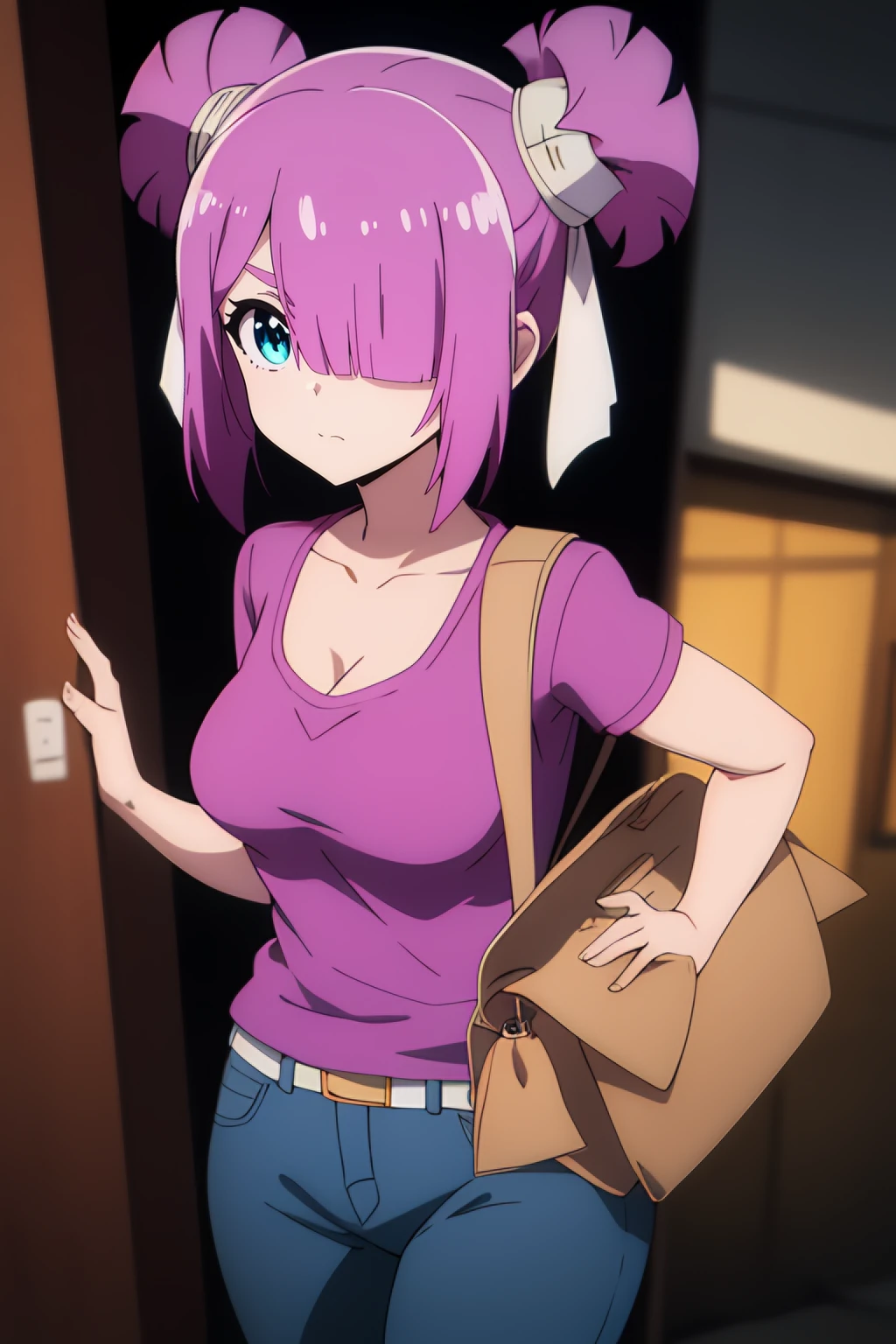 <lora:Laura Sati:0.7> laura sati, 1girl, short_hair, pink_hair, hair_over_one_eye, blue_eyes, purple_hair, hair_bun, twintails, solo, in a busy city, jeans, (pink t shirt:1.1), bag, cleavage, best_quality, highres, extremely_detailed, anime perfect detailed style, 8k, masterpiece, anime art style, anime coloring,