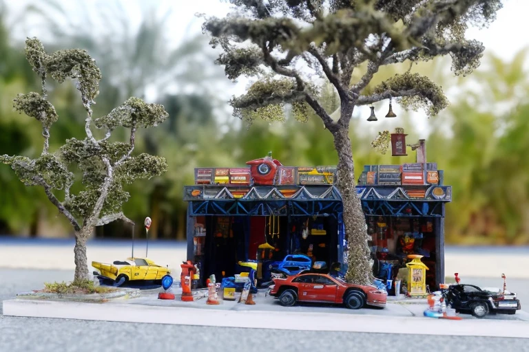 Toy repair shop,car,repair shop,tree,<lora:xiaorenï¼ä¿®çåææ-èªç»ï¼:1>,a base person,, masterpiece, best quality,