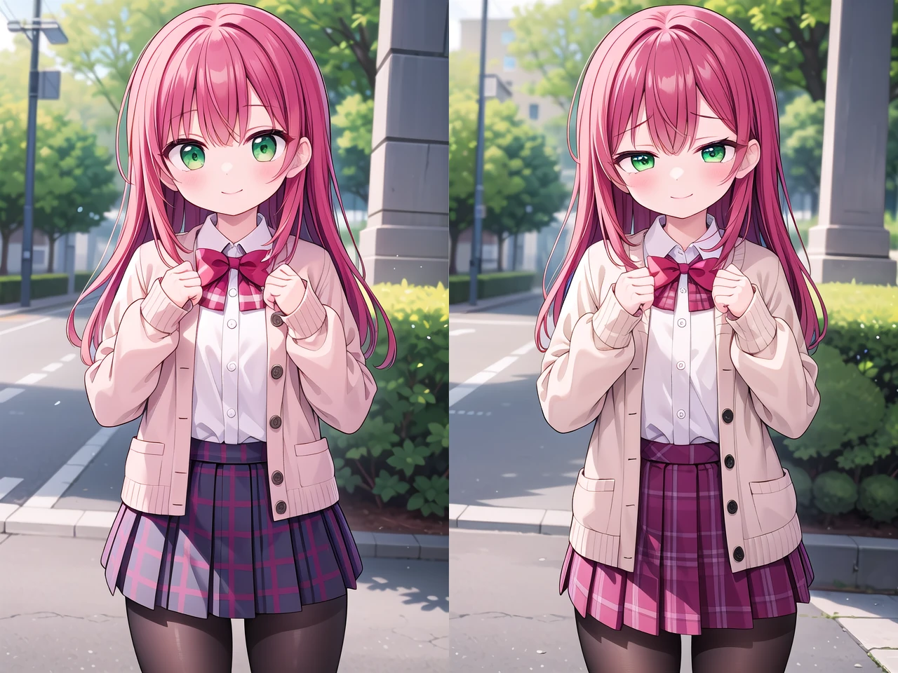 <lora:sensualface_type2_v2:1>
insanely detailed, absurdres, ultra-highres, ultra-detailed, best quality,
1girl, solo, nice hands, perfect hands
BREAK
(School Uniforms:1.2), (pink cardigan is fit body:1.4), ((do up a buttons, not loose):1.5), ((long sleeve, sleeves past wrists):1.2), (inner wear is white collared-shirt:1.3), (red plaid-pattern bow:1.3), (red plaid-pattern pleated skirt:1.3), ((dark-brown pantyhose, loafers):1.2)
, (cleavage:-1.5)
BREAK
happy smile, laugh, closed mouth
BREAK
(45 angle:-1.5), (from side:-1.5),
standing, cowboy shot, looking at viewer
BREAK
slender, kawaii, perfect symmetrical face, ultra cute girl, ultra cute face, ultra detailed eyes, ultra detailed hair, ultra cute, ultra beautiful
BREAK
in forest, depth of field, ultra detailed background
BREAK
medium large breasts
BREAK
(red hair, green eyes), spiked hair,