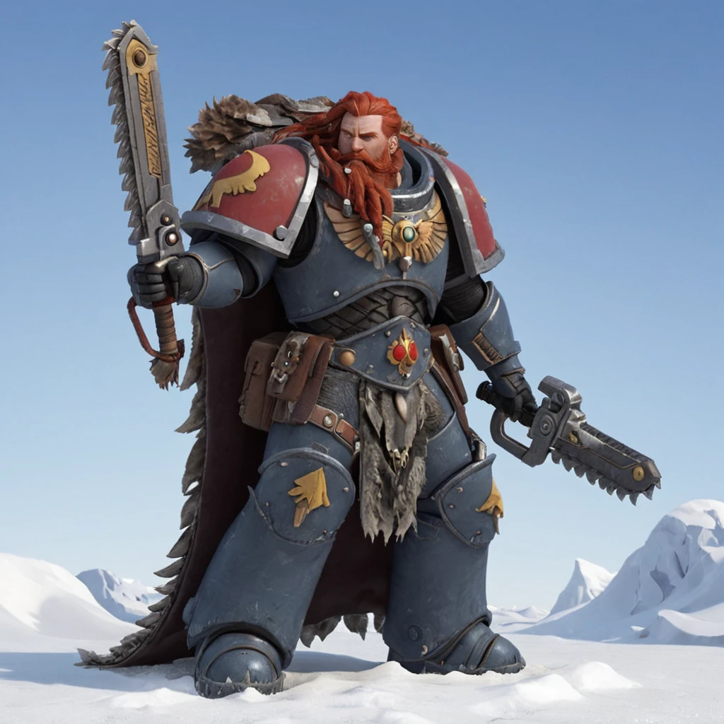 a spcwlf man in power armor, red hair, beard, braids, holding (a 40kchainsword) in his hands, fur cloak,   snow, ice, blizzard, battlefield, glory, charge,  High quality 3D rendering, fantasy, Pixar 3D character design style, ZBrush high-polygon modeling,