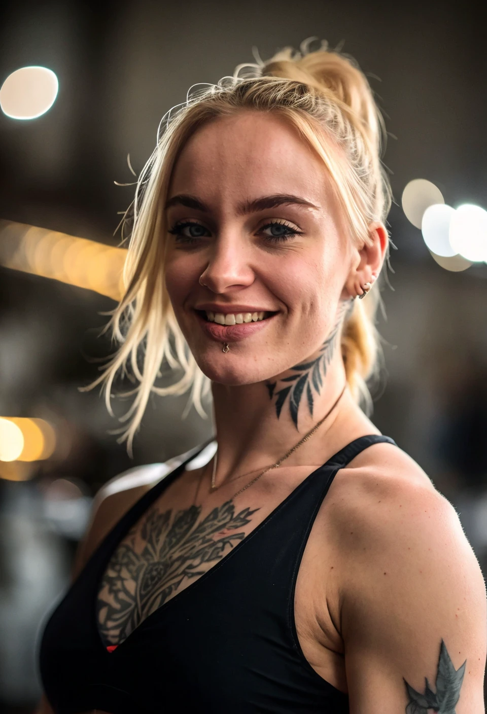(raw photo of ohwxmo woman), (20 y.o), blonde hair, (pale white skin), (fitness girl), detailed skin, detailed eyes, epiCPhoto, amateur pic, instagram, dslr, (at the weight room:1), dslr, (wears black tight sportswear:1), neck tattoo, (muscular girl, body building:0.5), small chest,  <lora:Mila-000011:0.8>, (bokeh:1.2),  ponytail, (smiling:1.2), (ohwxmo:1.1)