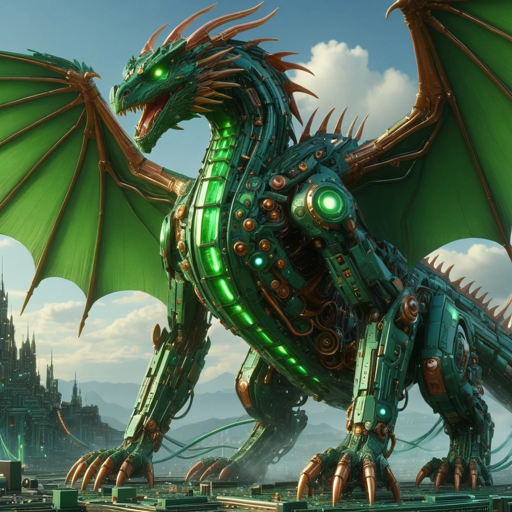 scifi, copper, circuitrytech, colossal mechanical green wyvern dragon,atmospheric perspective, blurry_background,full_body, , hyper detailed