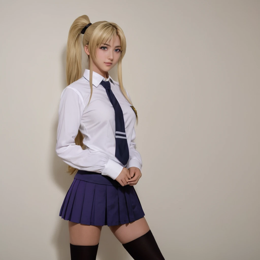 cinematic film still of <lora:Chiaroscuro Lighting Style:0.8>Chiaroscuro Lighting Style
<lora:BB_Kaori Saeki:0.6> Kaori Saeki blonde (((purpleeyes)))
Kaori Saeki a woman in a school uniform is posing,1girl,solo,long hair,blue eyes,skirt,blonde hair,simple background,long sleeves,white background,school uniform,ponytail,pleated skirt,necktie,red skirt,blonde hair,long hair,pony tail,eroge,anime,manga,nsfw,cartoon,Adult animation,explicit,Original video animation,Baiburu Burakku style,Bible Black style ,blonde hair, long hair, pony tail, eroge,anime,manga,nsfw,cartoon,Adult animation,explicit,Original video animation, Baiburu Burakku style, Bible Black style, school girl outfit, shallow depth of field, vignette, highly detailed, high budget, bokeh, cinemascope, moody, epic, gorgeous, film grain, grainy