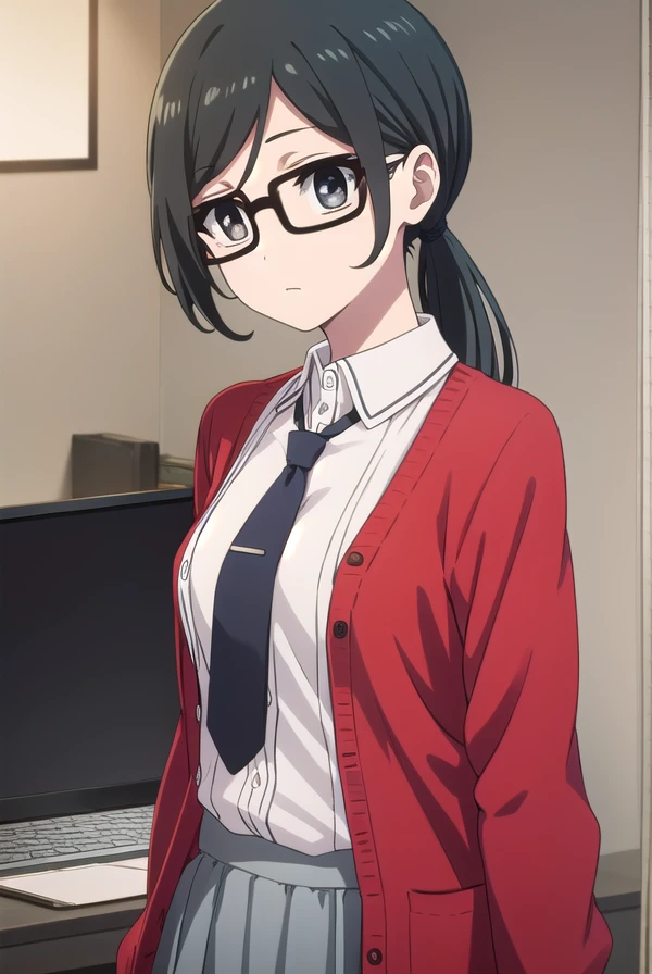 sarasatou, <lora:sara satou s1-lora-nochekaiser:1>,
sara satou, long hair, black hair, (black eyes:1.3), ponytail, glasses,
BREAK skirt, shirt, necktie, cardigan, long skirt, (red cardigan:1.2),
BREAK indoors, office,
BREAK looking at viewer, dynamic pose,
BREAK <lyco:GoodHands-beta2:1>, (masterpiece:1.2), best quality, high resolution, unity 8k wallpaper, (illustration:0.8), (beautiful detailed eyes:1.6), extremely detailed face, perfect lighting, extremely detailed CG, (perfect hands, perfect anatomy),
