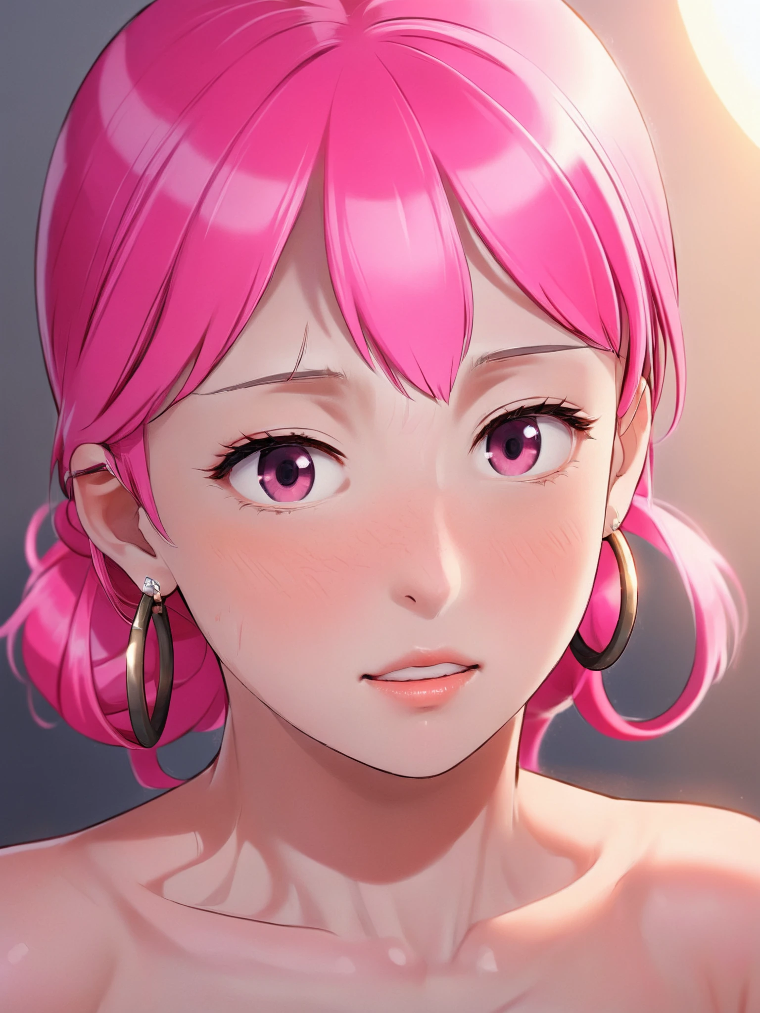 masterpiece, best quality, highres, small breasts, a woman with pretty face, pink hair, highly textured skin, ring-light, anti-aliasing, color-graded, potrait, sony a7, 50 mm