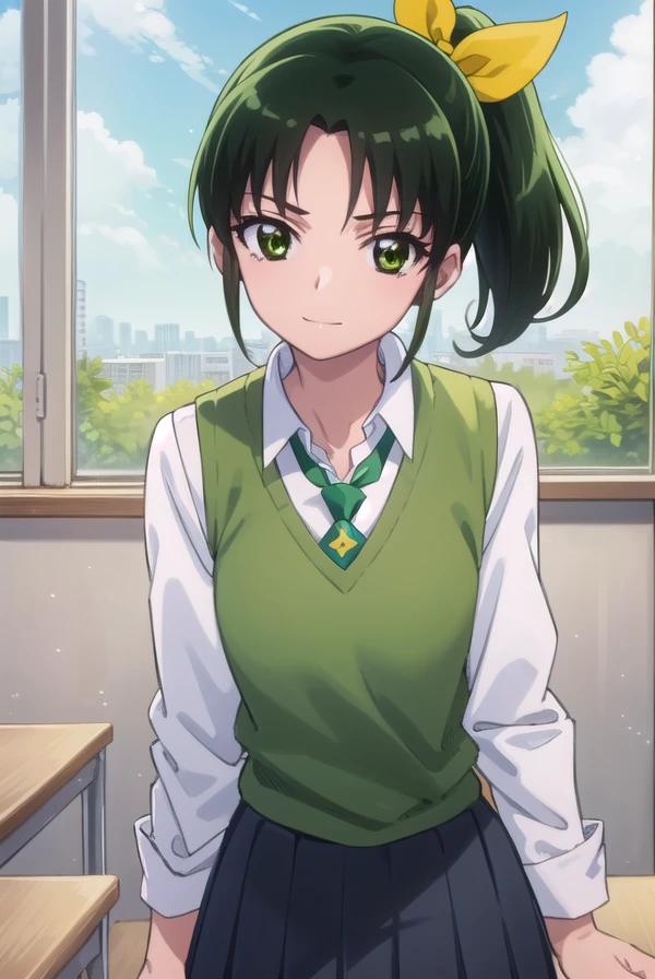 naomidorikawa, <lora:nao midorikawa s1-lora-nochekaiser:1>,
nao midorikawa, short hair, (green eyes:1.3), ponytail, green hair, ribbon, hair ribbon, smile,
BREAK skirt, school uniform, necktie, sleeves rolled up, sweater vest, green necktie, nanairogaoka middle school uniform,
BREAK indoors,classroom,
BREAK looking at viewer, dynamic pose,
BREAK <lyco:GoodHands-beta2:1>, (masterpiece:1.2), best quality, high resolution, unity 8k wallpaper, (illustration:0.8), (beautiful detailed eyes:1.6), extremely detailed face, perfect lighting, extremely detailed CG, (perfect hands, perfect anatomy),