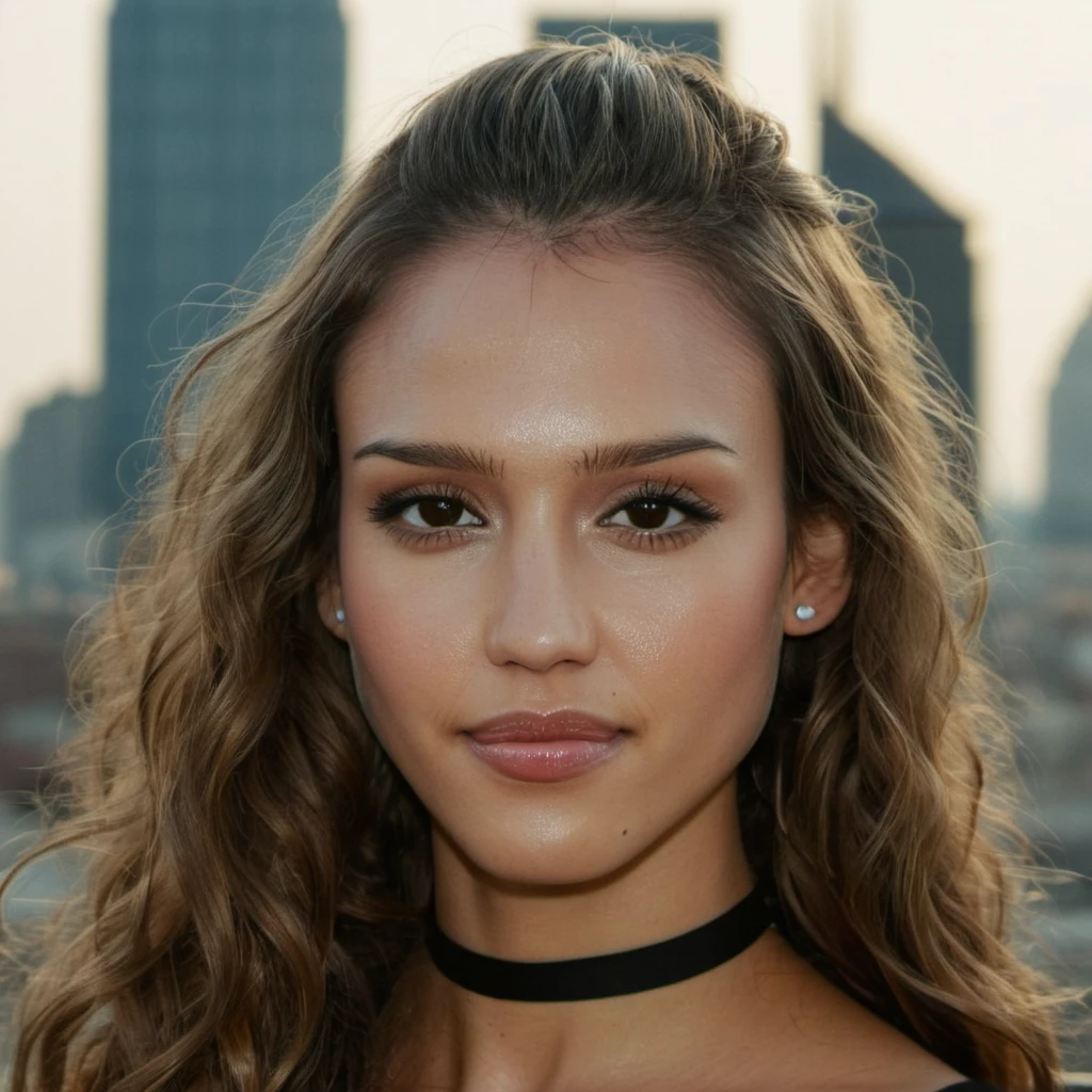 (Skin Texture, pores, natural,iPhone,RAW)), natural lighting, Highest Quality closeup Portrait photo of a woman with long wavy hair,black thin choker, clear lipgloss, Nikon Z9, realistic matte skin, blurry city in the background, 8K, symmetric, whole face, <lora:jesalba_xl_1_standard_merger_29_60_83_05_02_03:1>