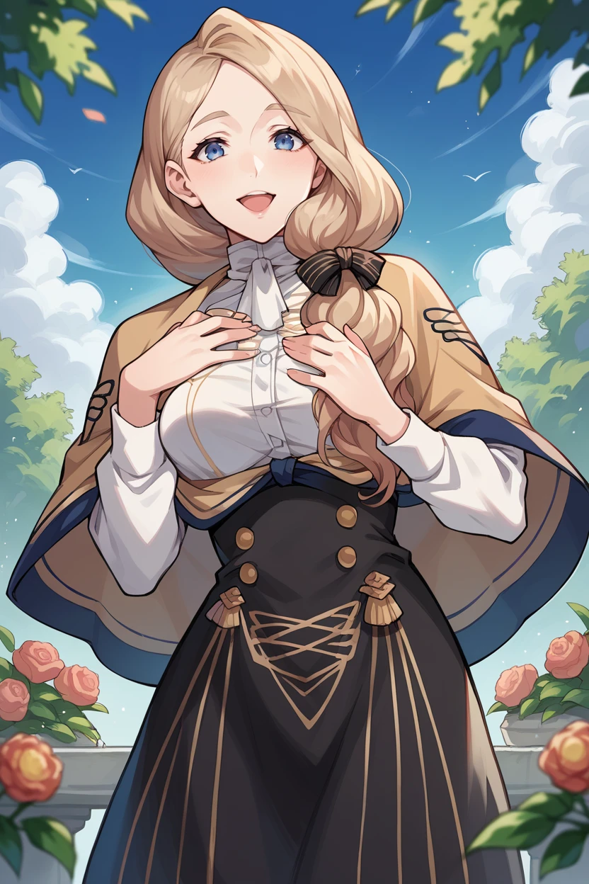 A beautiful woman with long blonde hair, kawaii facial features, partially covered eyes with long bangs, large breasts, blue slanted eyes, (Using a closed brown coat, Elegant coat model covered with buttons attached coat style model (Double breasted trench) soft smile against a white background, her right eye visible and eye color yellow, Elegant wearing a black t-shirt wearing a long, tight black skirt,