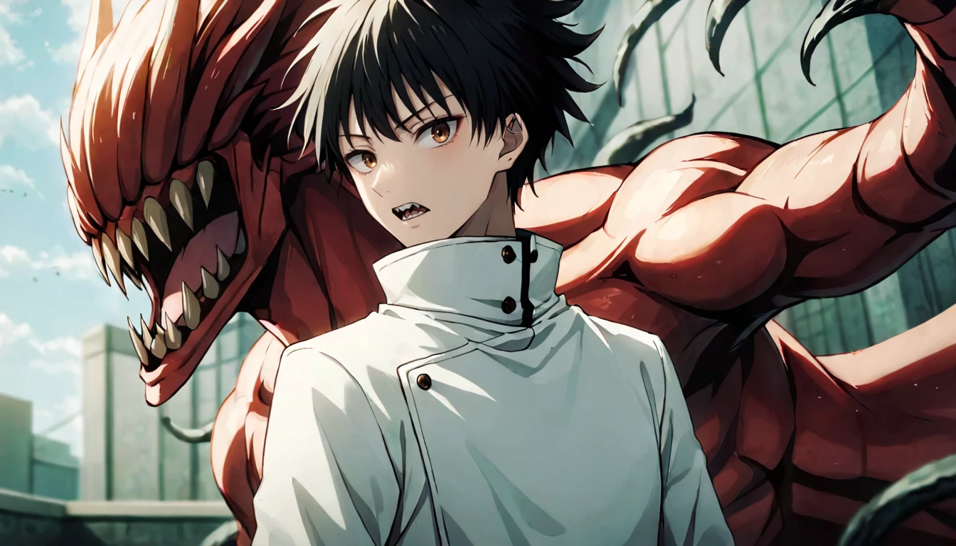 photograph cinematic photo,
jk3, jujutsu kaisen, 1boy, black hair, monster, high collar, sharp teeth, white jacket, upper body, open mouth, short hair, looking at viewer, long sleeves, male focus, blurry background, bangs, standing, closed mouth, colored skin, brown eyes, demon, tongue, school uniform
(dutch angles:1.3)
<lora:Jujutsu-Kaisen:.7>, 50mm . cinematic 4k epic detailed 4k epic detailed photograph shot on kodak detailed cinematic hbo dark moody, 35mm photo, grainy, vignette, vintage, Kodachrome, Lomography, stained, highly detailed, found footage