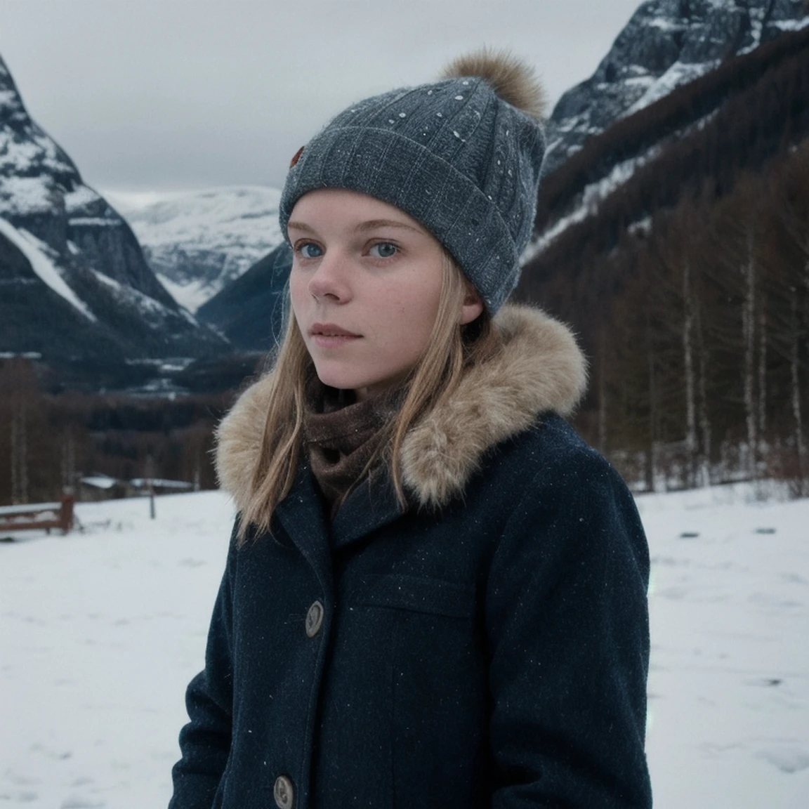 cinematic film still a frigid (ohwx:1.2) girl As Ellie, trekking through a snow-covered forest, her breath visible in the cold air, with a distant silhouette of infected against the snow., Hair frosted with snowflakes, illustrating the harshness of winter survival., <lora:bella_ramsey_sdxl:1> . shallow depth of field, vignette, highly detailed, high budget, bokeh, cinemascope, moody, epic, gorgeous, film grain, grainy