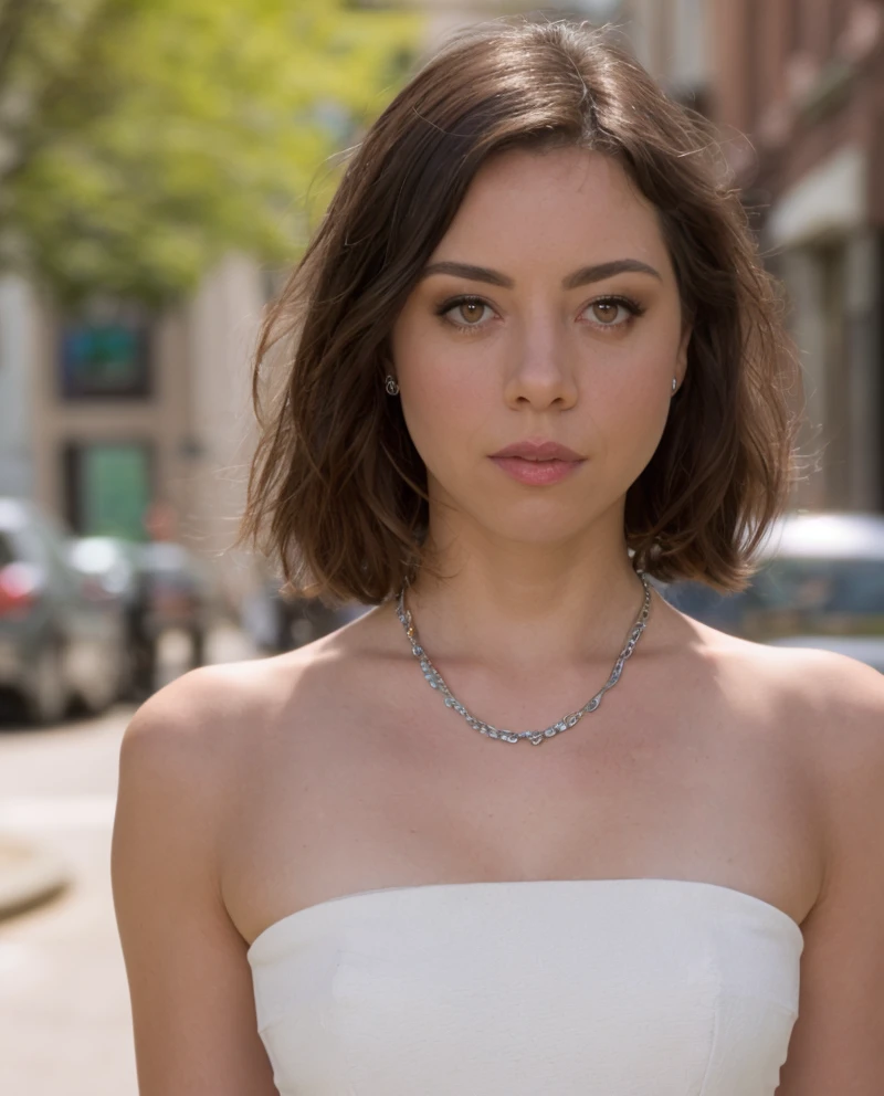 a picture of 4ubrey, brunette, realistic, photorealistic, detailed skin, surface scattering, bokeh, skin pores, <lora:4ubrey:1> city streets,detailed face,wearing a white  dress,wearinga necklace