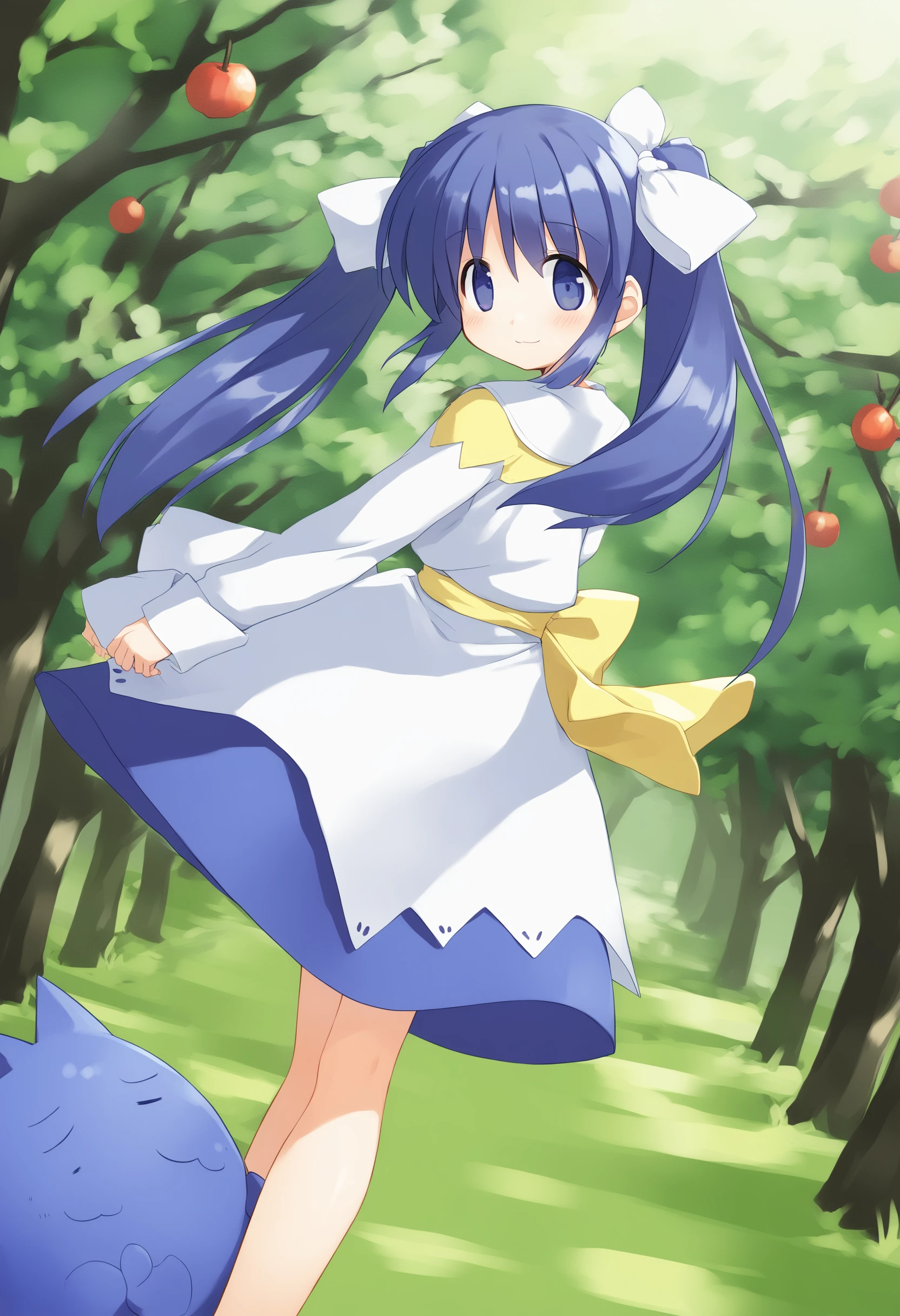 1girl,
<lora:niseharunaXLv2:1.0>,niseharuna, ukagaka, twintails, long sleeves, solo, blue hair, long hair, blue eyes, dress, blush, bow, hair ribbon, :3,
from side, feet out of frame, looking back, happy, orchard, closed mouth,
medium quality,