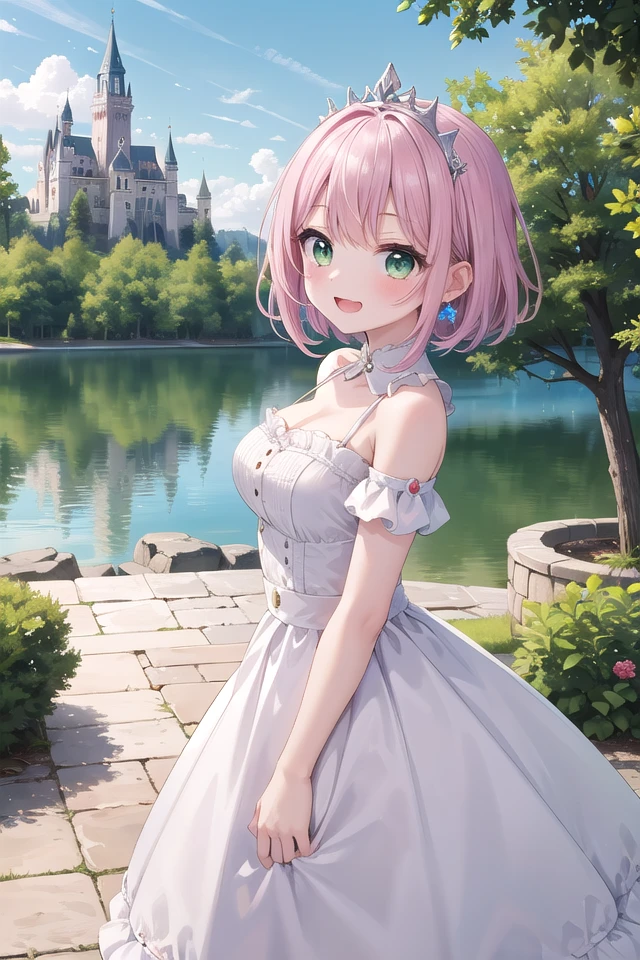 insanely detailed, absurdres, ultra-highres, ultra-detailed, best quality,
1girl, solo, nice hands, perfect hands,
BREAK
(wearing princess dress), tiara,
happy smile, laugh, open mouth,
standing,
from side, cowboy shot, looking at viewer, (holding bar:-1.5), (hip:-1.5)
BREAK
slender, kawaii, perfect symmetrical face, ultra cute girl, ultra cute face, ultra detailed eyes, ultra detailed hair, ultra cute, ultra beautiful,
BREAK
fantasy world, (castle in background, lake:1.3), (very wide, panorama view, sense of depth, magnificent view:1.3)
BREAK
princess girl, pink hair, green eyes, medium breasts