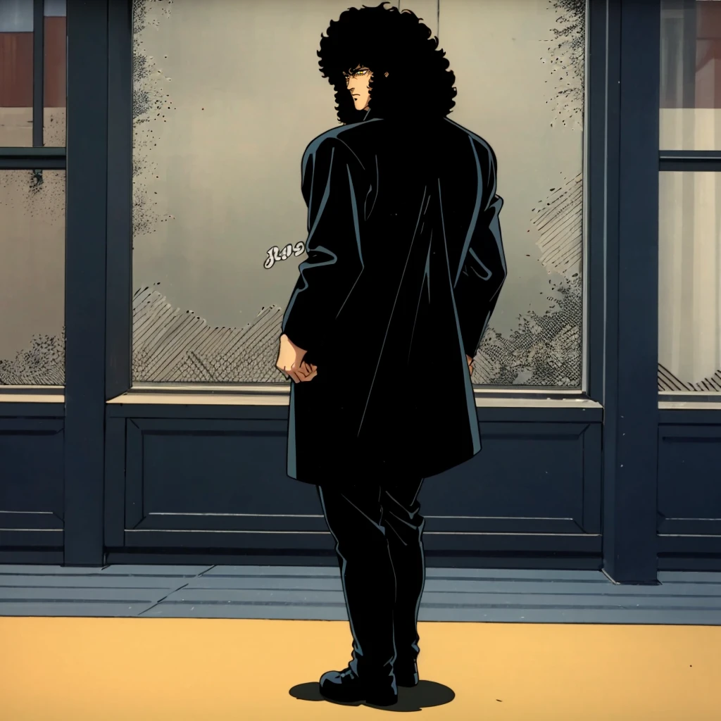 <lora:Asura001:0.7>,
retro artstyle,1980s (style),
Asura,1man,black hair,curly hair,yellow eyes,
black coat,a yellow shirt,black pants,long legs,
full body,standing,looking back,