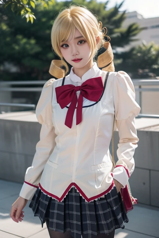 ltra-detailed,highly detailed,best quality,masterpiece,illustration,realistic,photorealistic,
1girl, solo,cosplay, 
tomoe mami, mitakihara school uniform, 
blonde hair, twin drills, 
looking at viewer, cowboy shot, 
outdoors, 
<lora:tomoe mami_v2_07:0.7>