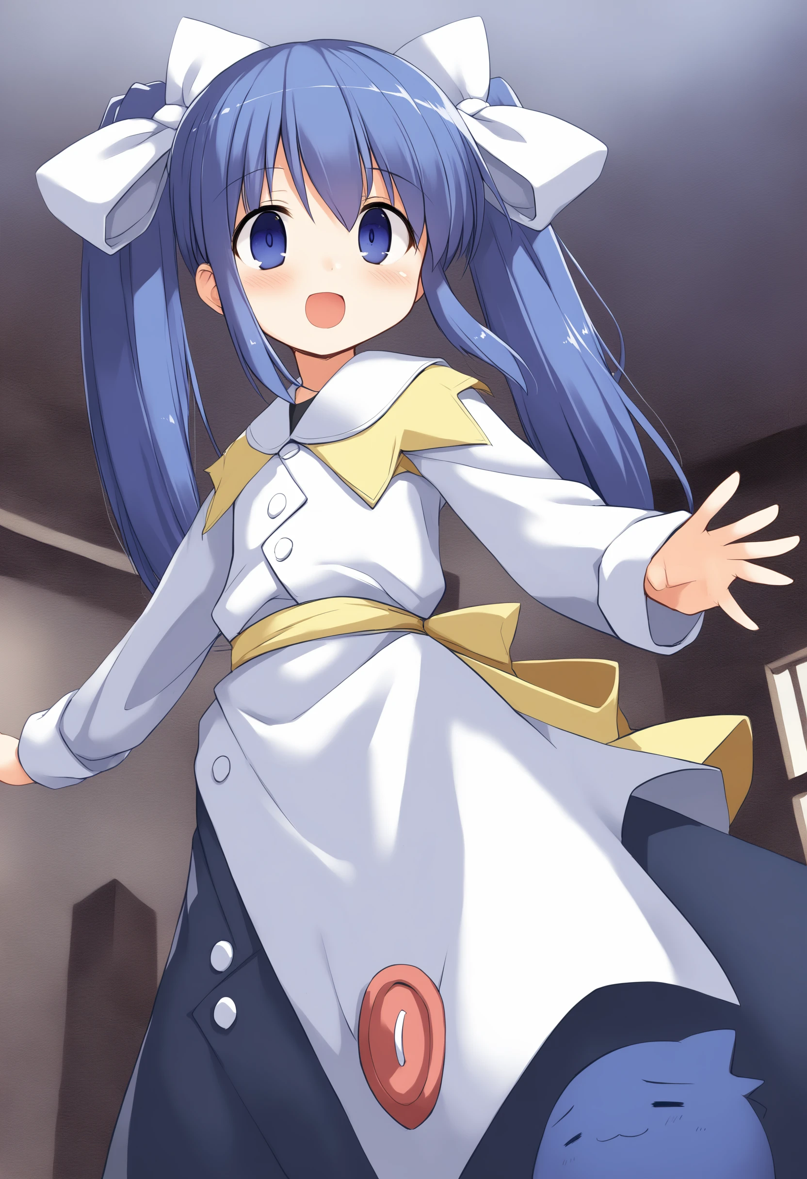 1girl,
<lora:niseharunaXLv2:1.0>,niseharuna, ukagaka, twintails, long sleeves, solo, blue hair, long hair, blue eyes, dress, blush, bow, hair ribbon, :3,
from below, panorama shot, looking ahead, furled brow, in church dark, open mouth,
medium quality,