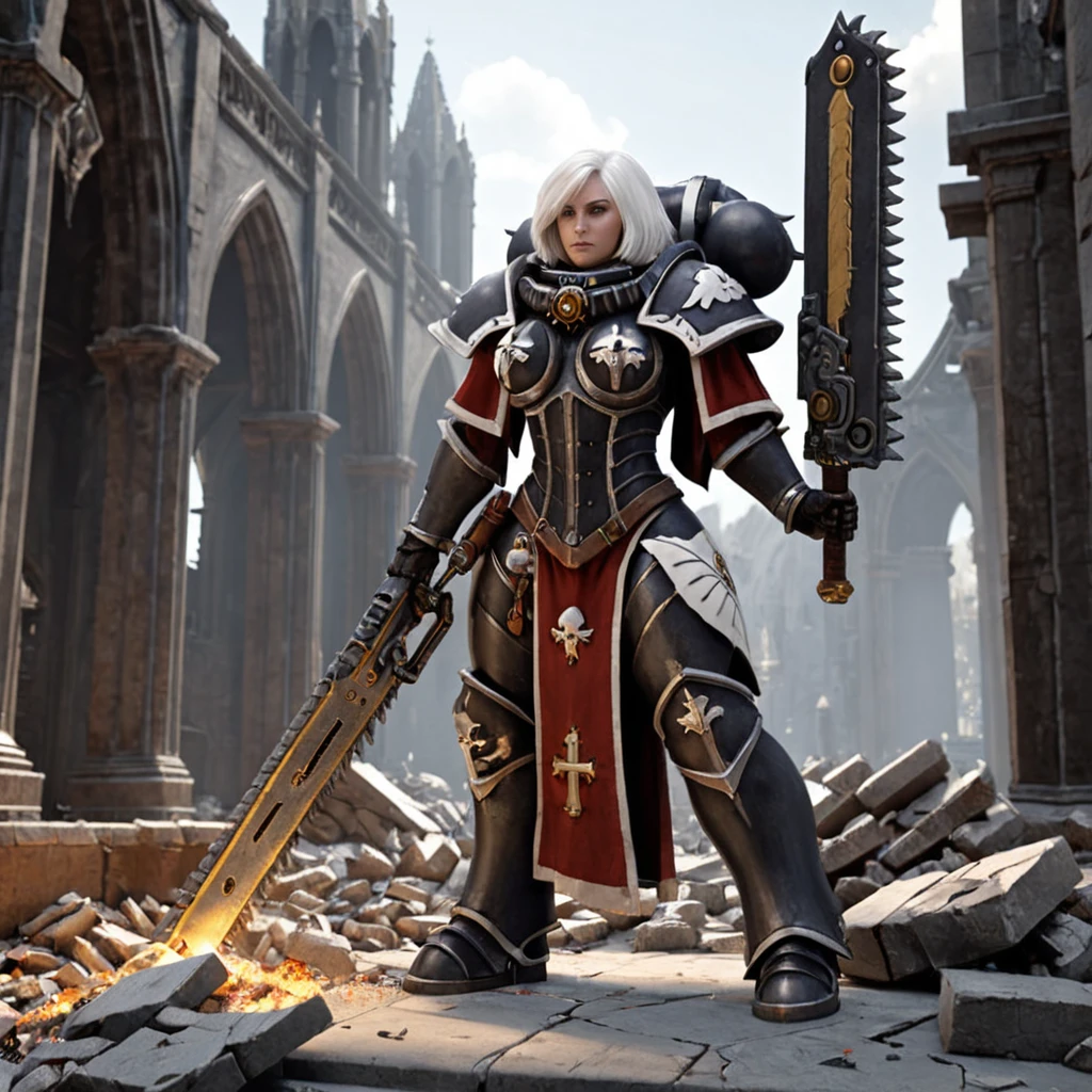 a adepta sororitas power armor, white hair, holding (a 40kchainsword) in her hands  ruined cathedral, fire, rubble, debris, benches, pulpit, altar,  High quality 3D rendering, fantasy, Pixar 3D character design style, ZBrush high-polygon modeling,