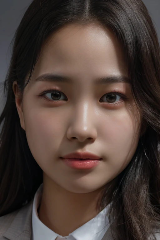 masterpiece, best quality, ultra-detailed, ultra high res, (photorealistic:1.4), raw photo, (realistic:0.2), 8k HDR, realistic lighting, 1girl, solo, looking at viewer, asymmetrical hair, (detailed oily skin), (detailed face), (simple gray background :1.1), (full body:1.2), black suits, white collared shirt,
