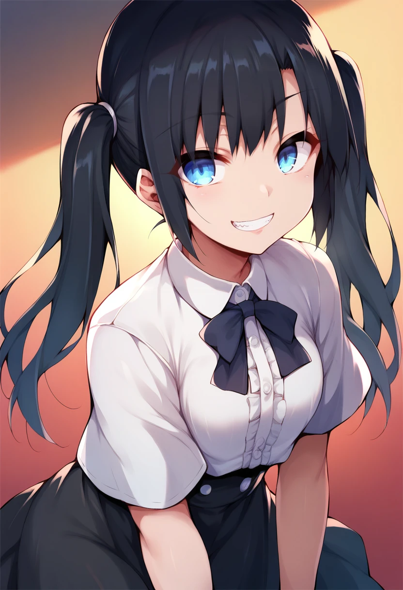score_9, score_8_up, score_7_up, source_anime, 1girl,blue eyes,twintails, black hair, white blouse,  black skirt, grin,looking at viewer, by senastronomy <lora:SeNStyle-PonyXL-000036:1>