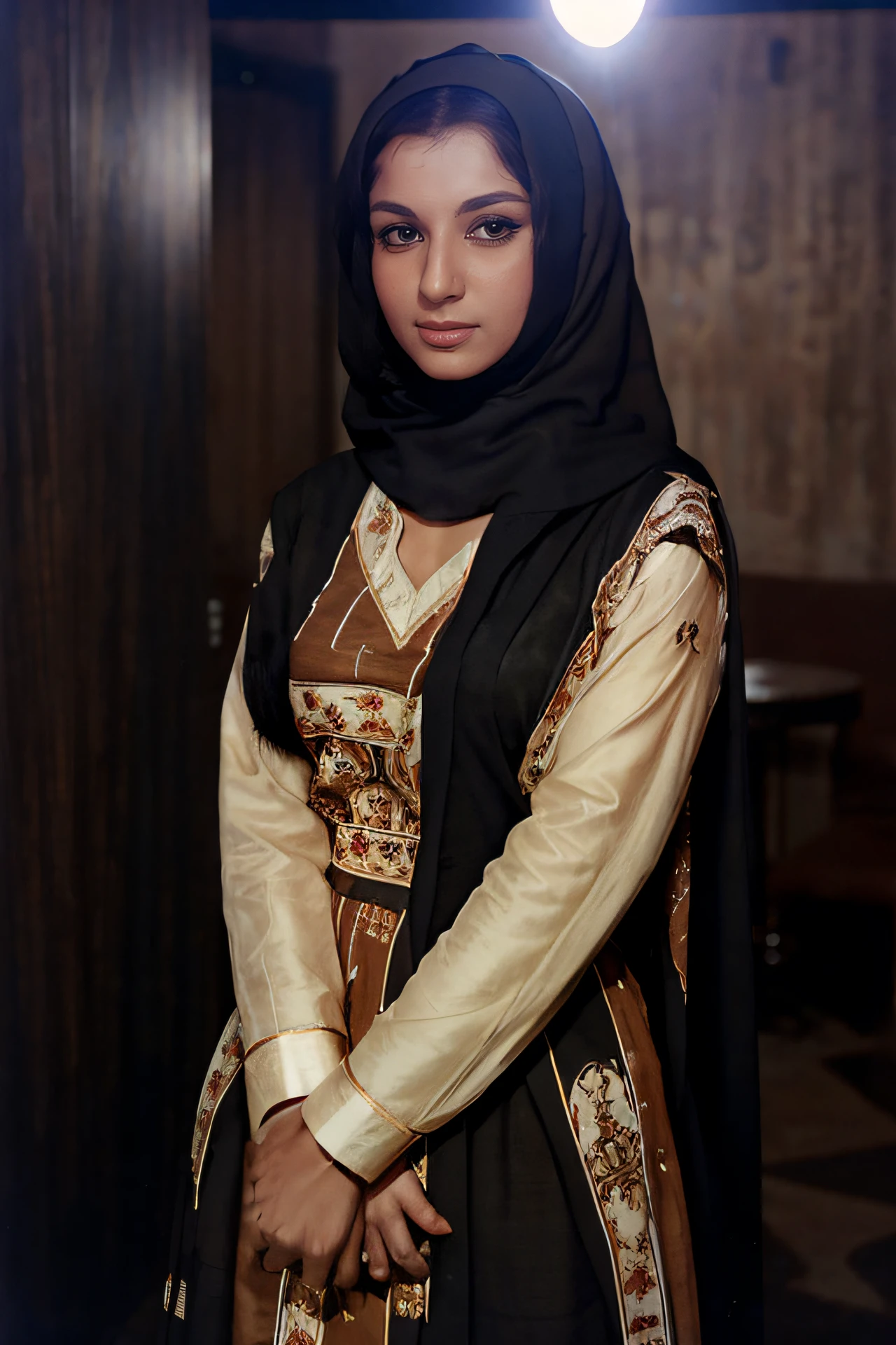 photo of shrm woman, HDRI, 25yo conservatively dressed woman wearing Brown Abaya Style Suit, anatomically accurate, looking at camera, cinematic lighting, simple background <lora:shrm_Sharmila_Tagore_SD15_LoRA_prodigy_local_regs_updcaps:1>
