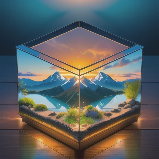 A serene mountain lake at sunset <lora:Just_In_Case:1> terrarium