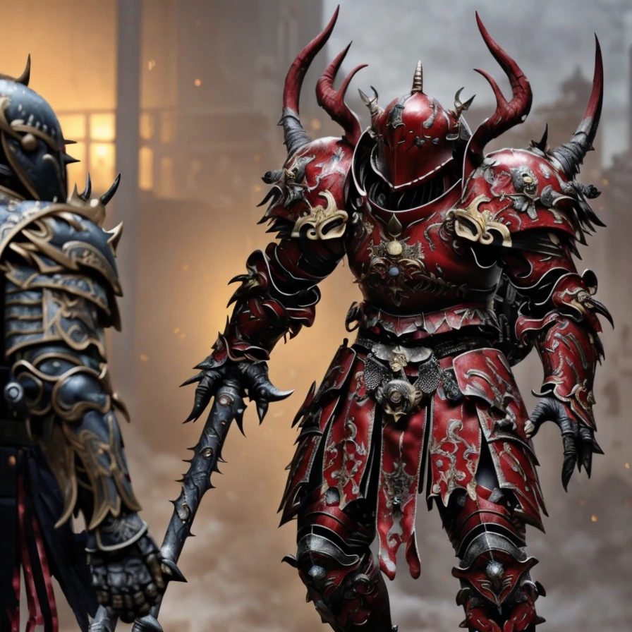 (masterpiece:1.2), (best quality,:1.2), 8k, HDR, ultra detailed, ((photorealistic)), professional light, cinematic lighting, ambient lighting,<lora:detail_slider_v4:1>, OverallDetail, a chaos warrior, wearing intricate red plate armor, SerCa, <lora:ServantsOfChaos-10:1>, epiCPhoto