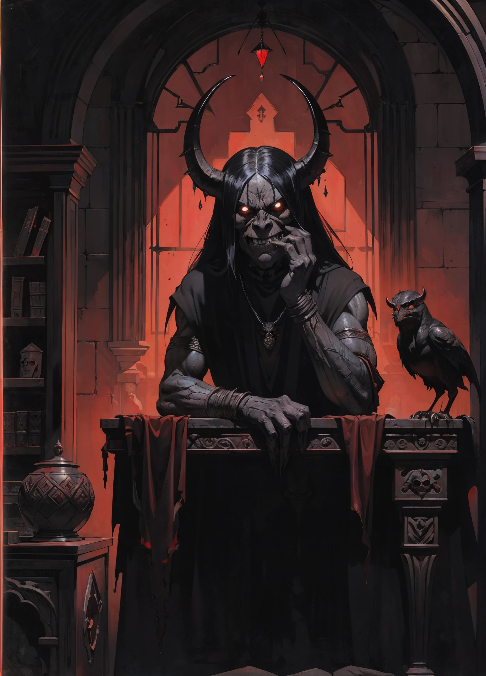 (masterpiece artwork,red:1.5), monster ancient old gargoyle with tusks fangs, evil grin, biting nails, curved horns, leaning over desk and looking down, seen from below, dramatic, hell cold themes, 1920, deco, pulp, masked skull crow over the table, red drapes, interior, red window, red mist