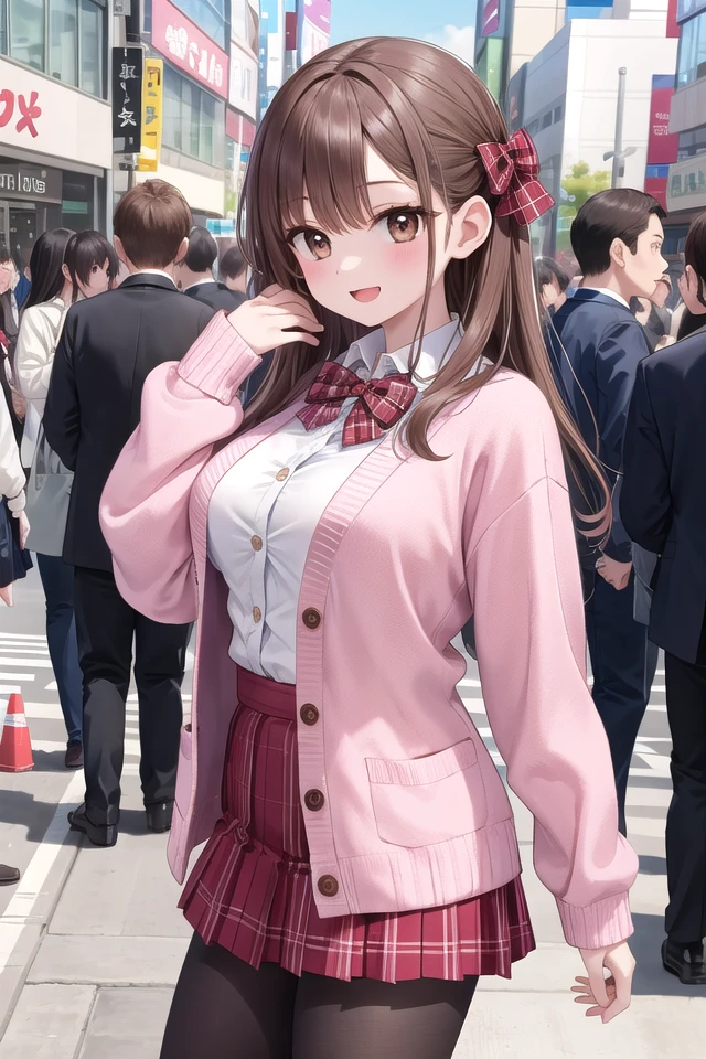 insanely detailed, absurdres, ultra-highres, ultra-detailed, best quality,
1girl, solo, nice hands, perfect hands
BREAK
(School Uniforms:1.2), (pink cardigan is fit body:1.4), ((do up a buttons, not loose):1.5), ((long sleeve, sleeves past wrists):1.2), (inner wear is white collared-shirt:1.3), (red plaid-pattern bow:1.3), (red plaid-pattern pleated skirt:1.3), ((dark-brown pantyhose, loafers):1.2) ,
BREAK
happy smile, laugh, open mouth, standing,
from side,
cute pose, cowboy shot,
BREAK
slender, kawaii, perfect symmetrical face, ultra cute girl, ultra cute face, ultra detailed eyes, ultra detailed hair, ultra cute, ultra beautiful,
BREAK
in harajuku, shibuya, tokyo, street, crowd, cityscape,
BREAK
medium large breasts,
(brown hair, brown eyes), hime cut