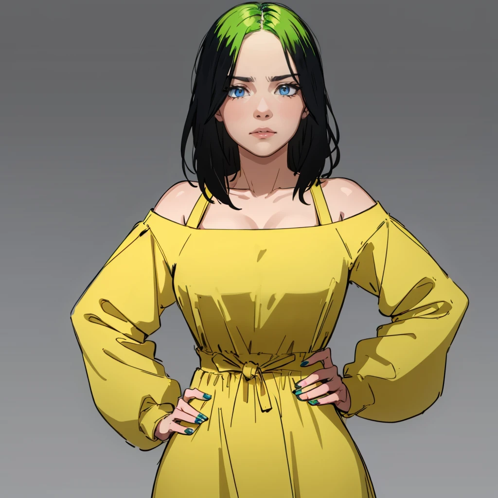 1girl, solo, Billie Eilish,  grey blue eyes, black hair, green hair, lips, makeup, expressionless, narrowed eyes, <lora:Billie_Eilish_Leaf1:0.8>,  looking at viewer,    hands on own hips, simple background, yellow dress