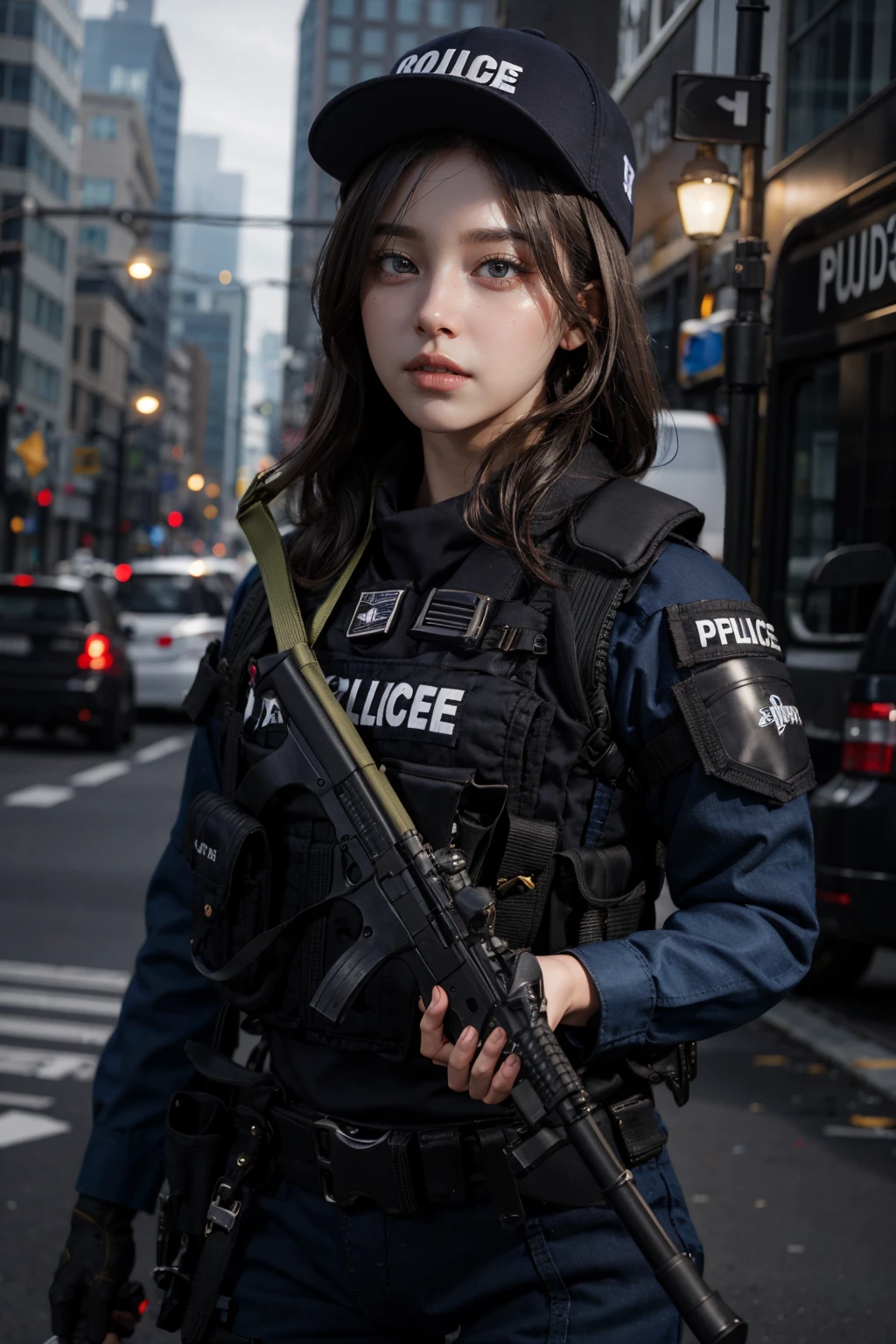 solo,outdoors,cityscape,<lora:0299 New York City Police Department_v1:0.9>,ruanyi0299,baseball cap,belt,boots,bulletproof vest,police uniform,holding weapon,h&k mp5,submachine gun,(cowboy shot:1.3),standing,1girl,, (incredibly absurdres, ultra-detailed,CG ,unity ,8k wallpaper),(masterpiece),(realistic),(photorealistic:1.2),(raw photo:1.2), (best quality:1.2), (detailed face :1.4),(beautiful detailed eyes :1.2),(detailed hair),light on face, huge filesize ,cinematic lighting, 1 girl ,sexy,