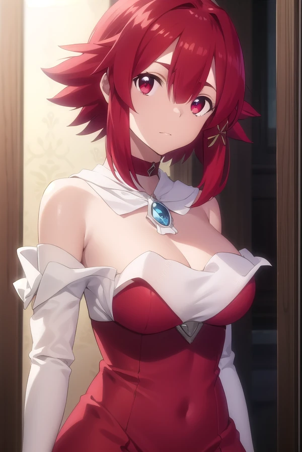 izettatheweissehexe, <lora:izetta the weisse hexe s1-lora-nochekaiser:1>,
izetta, short hair, (red eyes:1.3), red hair, hair between eyes, hair ornament,
BREAK dress, cleavage, choker, clothing cutout, hood, red dress, detached sleeves, bare shoulders, 
BREAK indoors,
BREAK looking at viewer, dynamic pose,
BREAK <lyco:GoodHands-beta2:1>, (masterpiece:1.2), best quality, high resolution, unity 8k wallpaper, (illustration:0.8), (beautiful detailed eyes:1.6), extremely detailed face, perfect lighting, extremely detailed CG, (perfect hands, perfect anatomy),