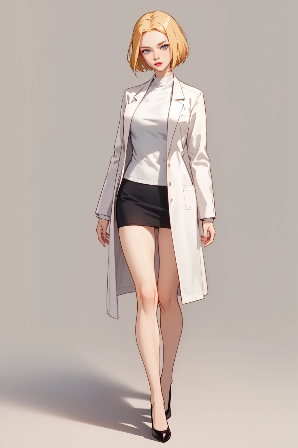 masterpiece, best quality, AgentL, 1girl, solo, blonde hair, short hair, blue eyes, LabCoat, white coat, skirt, high heels, full body, looking at viewer, simple background, solid grey background