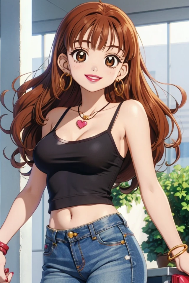 (Nakatsu_Mariko), solo, long hair, smile, heart necklace, happy, brown hair, 1990s, 1girl, blush, brown eyes, curly hair, hoop earrings, red lips, makeup, nail polish, ring, Nakatsu_Mariko, blunt bangs, baby bangs, pouty lips, eyelashes, White long sleeve top, Black spaghetti strap tank top, blue jeans,