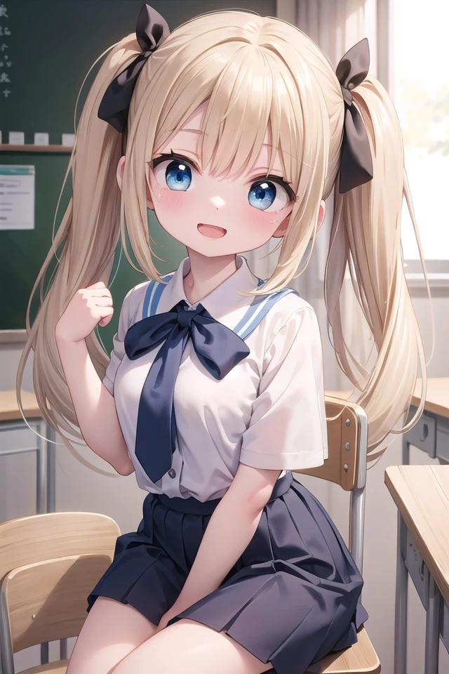 insanely detailed, absurdres, ultra-highres, ultra-detailed, best quality,
1 girl, solo, nice hands, perfect hands,
BREAK,
wearing summer school uniform, skirt,
evil smile, open mouth,
sitting,
45 angle, cowboy shot, looking at viewer,
BREAK,
slender, kawaii, perfect symmetrical face, ultra cute girl, ultra cute face, ultra detailed eyes, ultra detailed hair, ultra cute, ultra beautiful
BREAK,
indoors, in classroom,
blonde hair, twintails, blue eyes