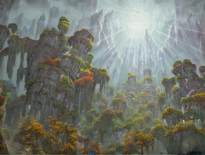 Concept Art,(masterpiece:0.3) high detailed,bright natural lighting,shadows,high contrast,a tropical Forest in alien planet,two big moons in sky,Old civilization ruins,seeing (mythical alien not on earth plantations Neon lights on Flower kind plants) Trees plants and flowers from the ground,view from below,atmospheric dreamscape painting,dream scenery art,highly detailed visionary art,cgi style,vibrant oil painting,splash art,Cozy mystery,masterpiece 8k wallpapper,neoplasticism,Unreal Engine,dramatic lightingvines,overgrown,ink stains,ink splatters,ink runs,ink spots,faded ink,ral-dissolve,linquivera,liiv1,on parchment, (dndcoverart: 1.7)