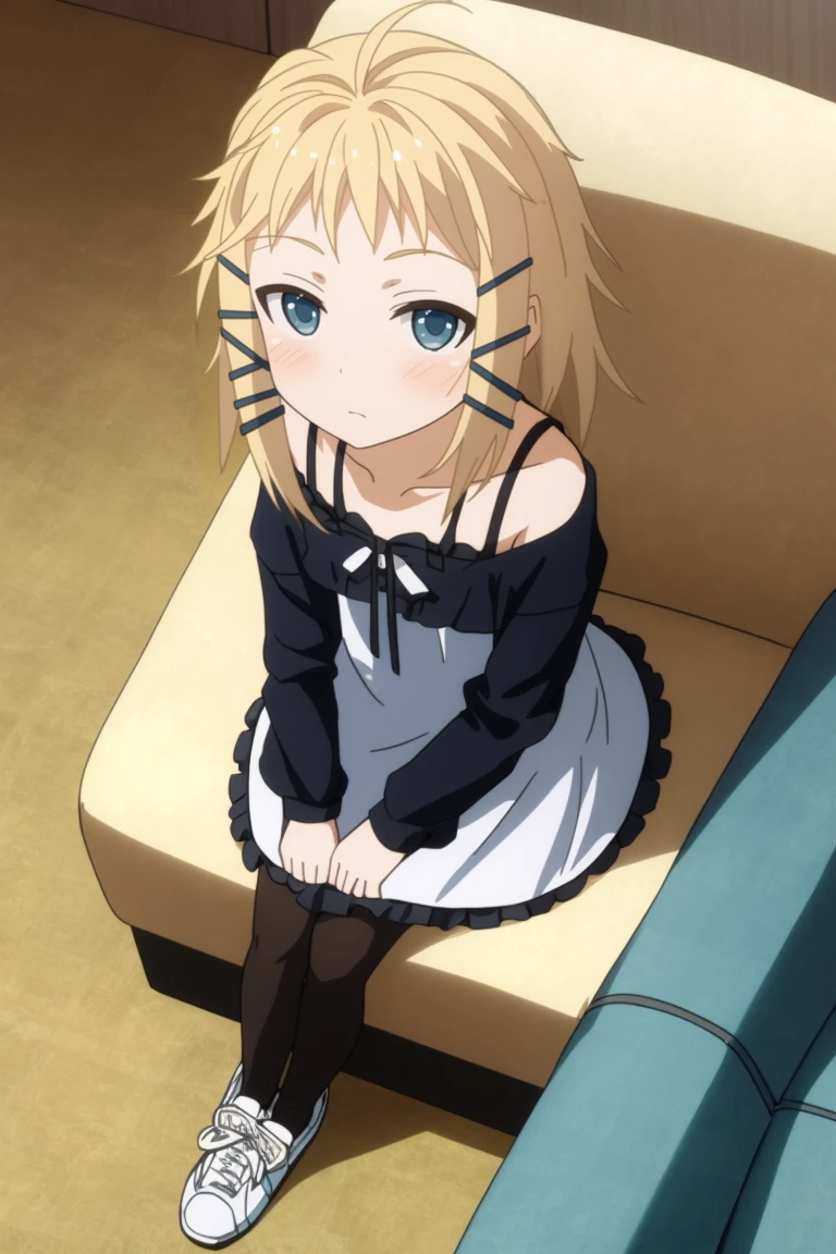 masterpiece, consistent background, indoors, 
 <lora:Black_bullet tina sprout_v2:0.7> tina sprout, sitting on sofa, drone pov, dutch angle, from above, looking at viewer
