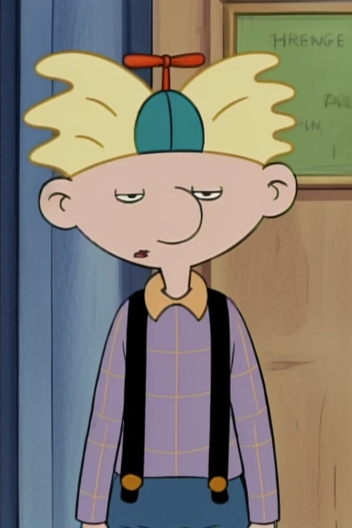 <lora:Arnie - Hey Arnold - 1996:1.0>, arnie_ha, yellow hair, propeller hat, pale blue shirt with yellow plaid, mouth, suspenders, upper body, <lora:LCM_SD15_2MB:1.0>