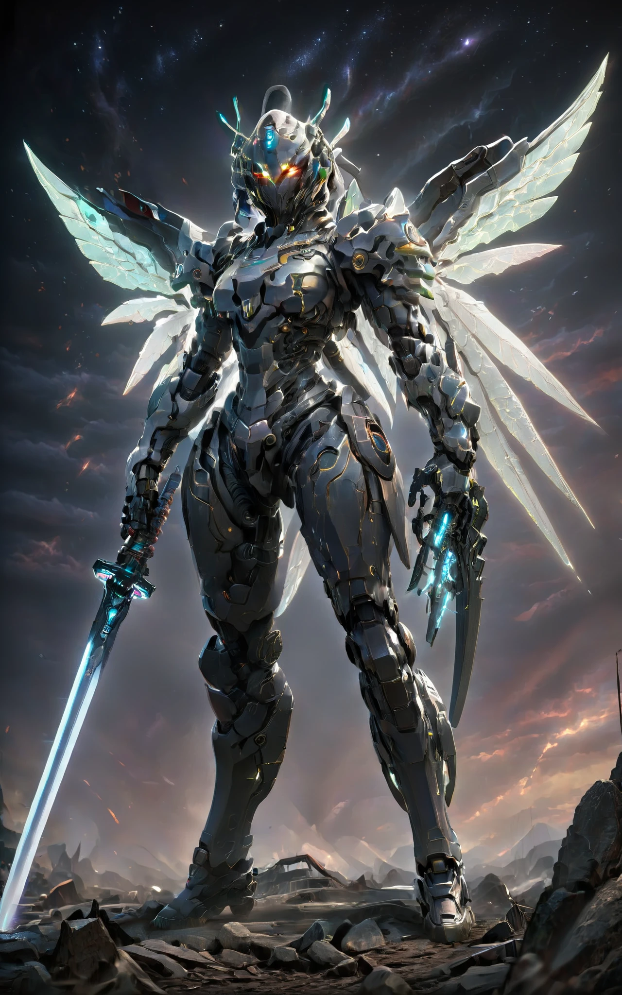 female TR mecha style,masterpiece,best quality,extremely high detailed,intricate,8k,HDR,wallpaper,cinematic lighting,(universe),(holding sword:1.3),glowing,armor,glowing eyes,large wings