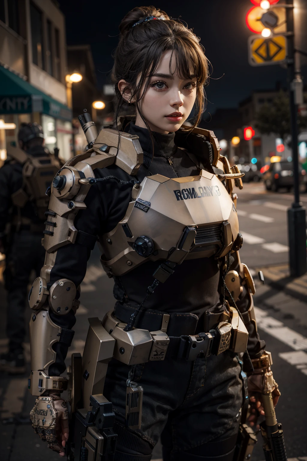 solo,1girl,outdoors,cityscape,(cowboy shot:1.3),<lora:0300 Individual soldier exoskeleton armor suit_v1:0.9>,ruanyi0300,armor,assault rifle,belt,gloves,goggles,holding weapon,m4 carbine,mecha,robot,holding gun,standing,, (incredibly absurdres, ultra-detailed,CG ,unity ,8k wallpaper),(masterpiece),(realistic),(photorealistic:1.2),(raw photo:1.2), (best quality:1.2), (detailed face :1.4),(beautiful detailed eyes :1.2),(detailed hair),light on face, huge filesize ,cinematic lighting, 1 girl ,sexy,