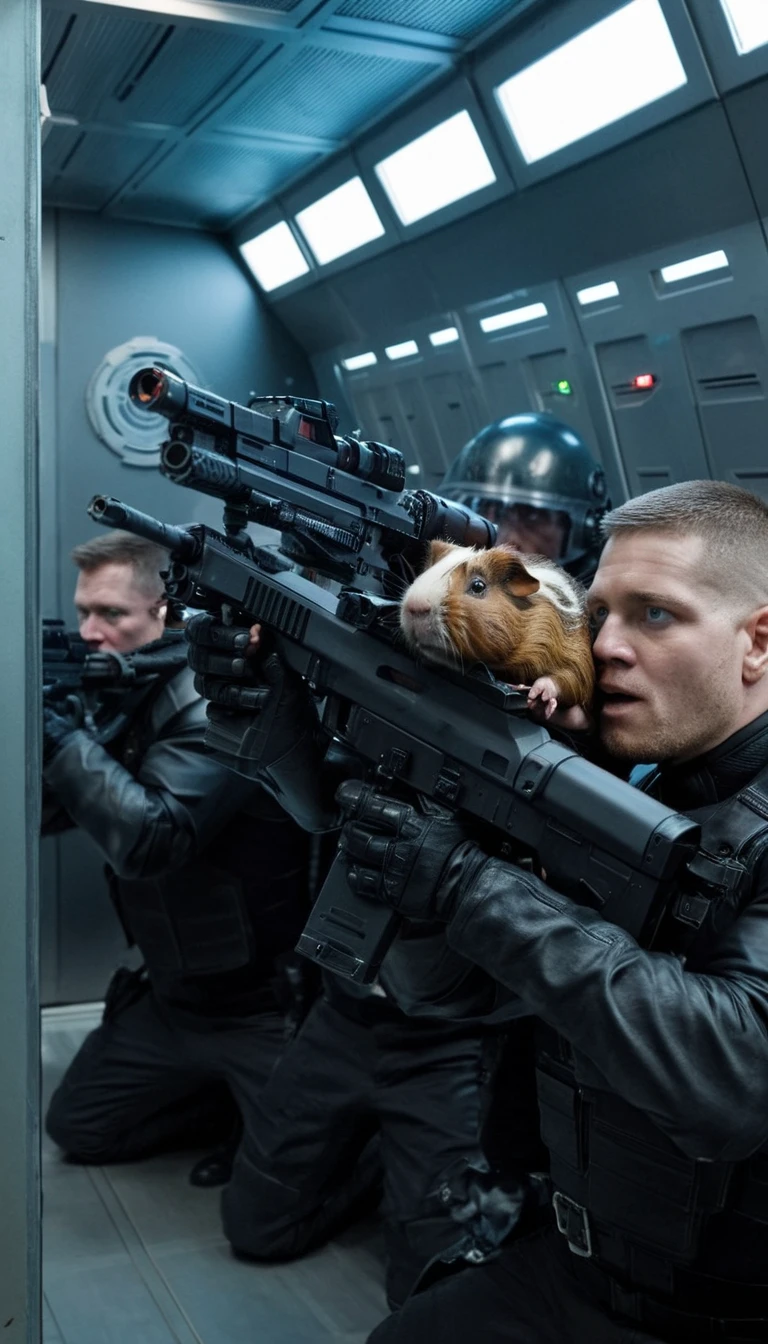 Science Fiction cinematic style stunning award winning portrait photo of a bunch of space marines with futuristic rifles taking cover behind a huge guinea pig, inside a spaceship , anamorphic,distorted lense,chromatic aberration,volumetric lighting,cinematic,epic composition, <lora:5A120B7E26:0.7>