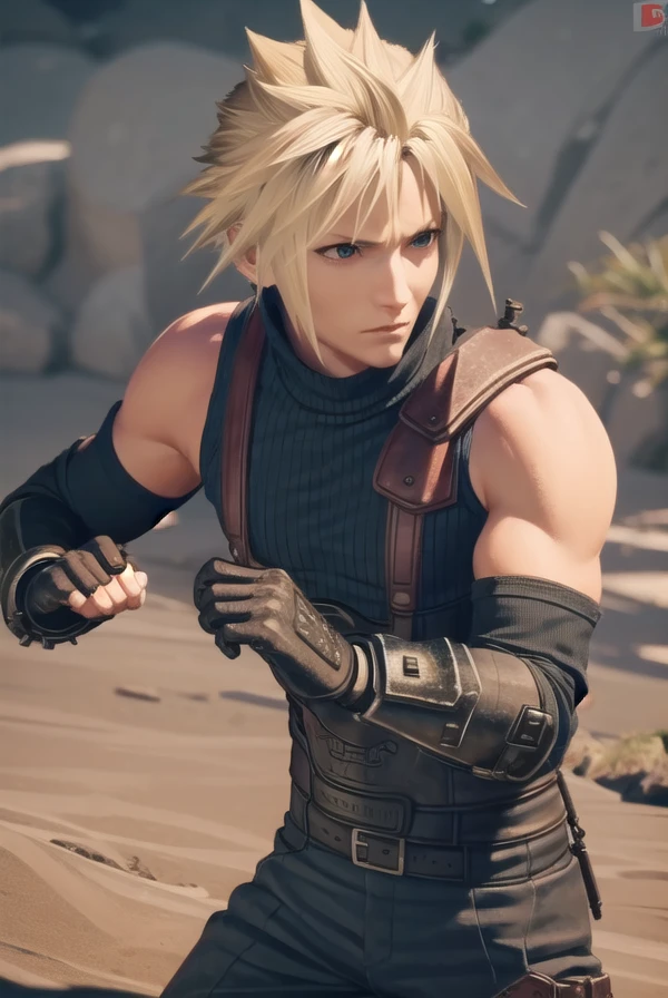cloudstrife, <lora:cloud strife ingame-lora-nochekaiser:1>,
cloud strife, blonde hair, male focus, spiked hair, (grey eyes:1.3),
BREAK gloves, sleeveless, black gloves, pants, armor, turtleneck,
BREAK outdoors,
BREAK looking at viewer, dynamic pose,
BREAK <lyco:GoodHands-beta2:1>, (masterpiece:1.2), best quality, high resolution, unity 8k wallpaper, (illustration:0.8), (beautiful detailed eyes:1.6), extremely detailed face, perfect lighting, extremely detailed CG, (perfect hands, perfect anatomy),